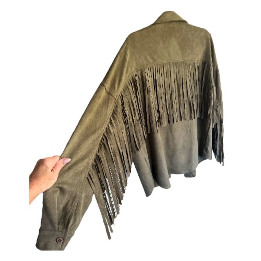 Fringe Boho Suede Like Shacket Jacket Shirt Olive Green Western Size Medium